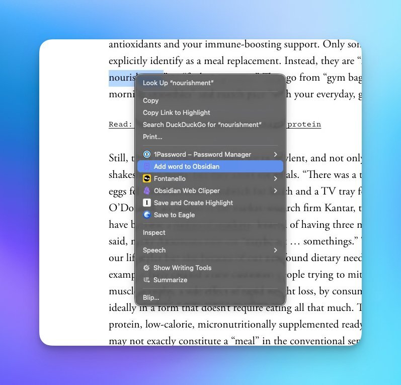 Right-click context menu in a browser showing the 'Add word to Obsidian' option highlighted.