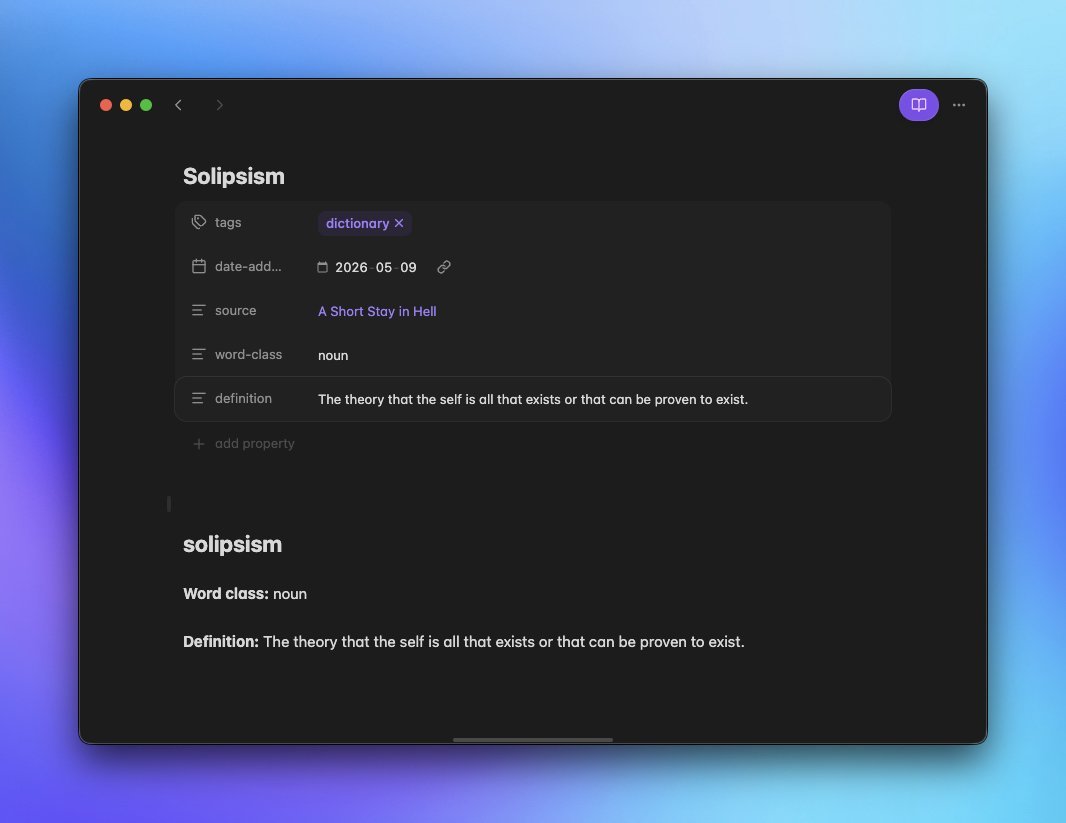 An Obsidian note for the word 'Solipsism' showing its tags, source, word class and definition.